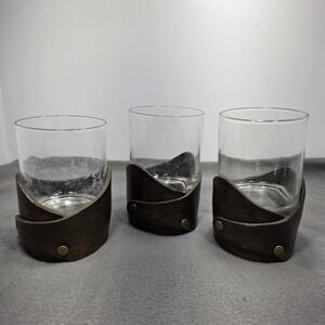 Vintage El Cid Leather Wrapped Rocks Glasses Set of 3 Brown Barware Lowball